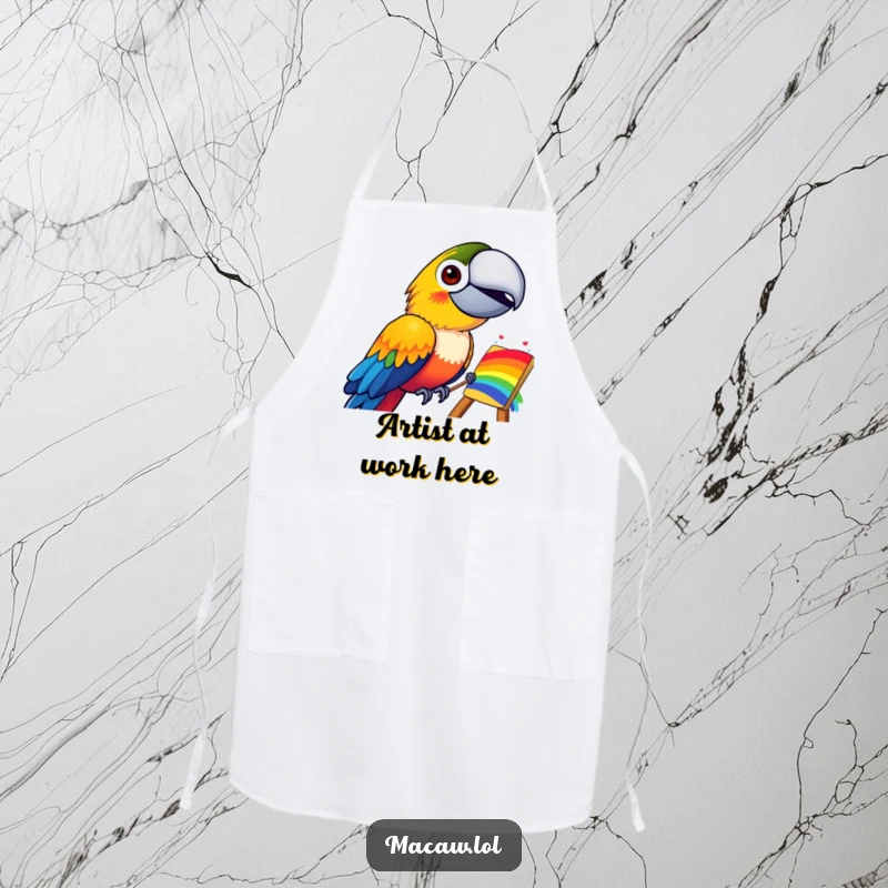 Funny apron featuring a grinning macaw bird, masterfully painting a bright rainbow, ideal for a humorous and protected cooking experience.