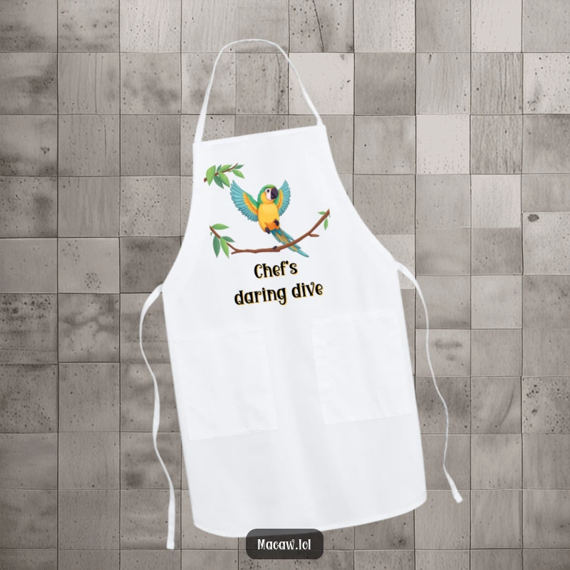 Funny macaw apron featuring a bird mid-leap, a humorous and practical accessory for any kitchen enthusiast.