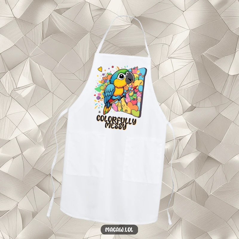 Funny Macaw Artist Apron: A vibrant macaw beak paints a chaotic mural, bringing artistic flair and humor to your kitchen.
