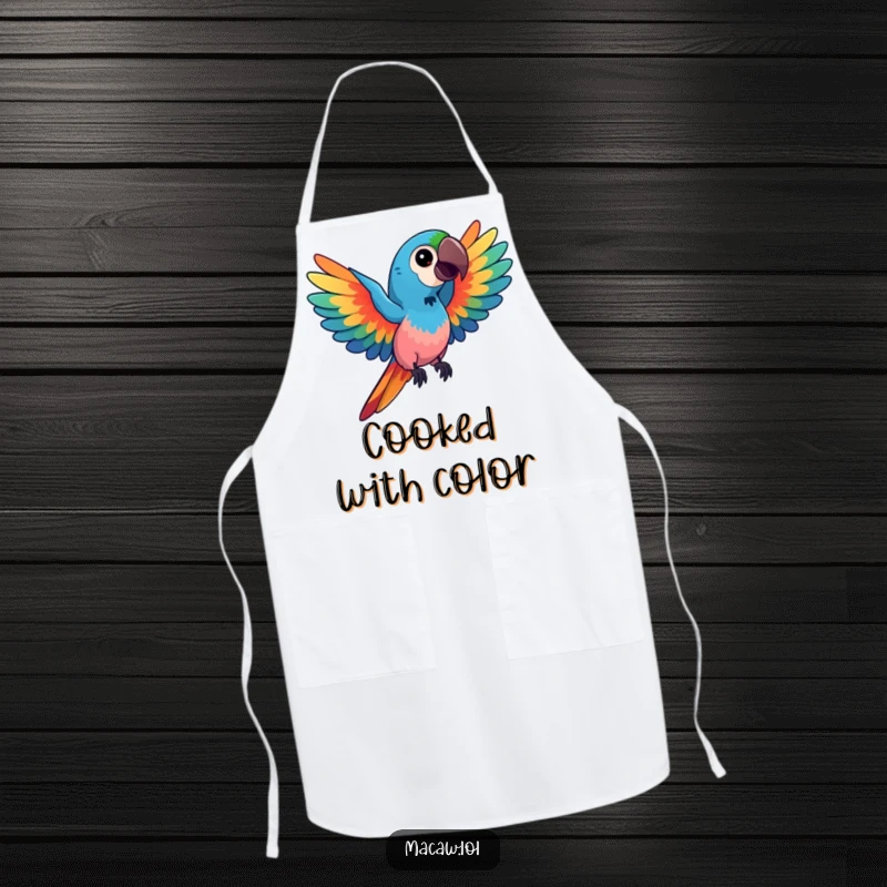 Funny kawaii macaw apron, showing a bird spreading its wings with vibrant, swirling colors, adding artistic humor to the kitchen, a funny gift.