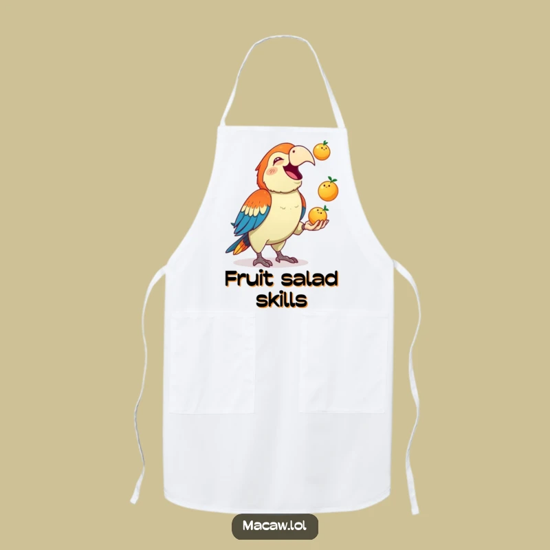 Funny Macaw Juggling Apron: Chef's Hilarious Fruit Fun Companion