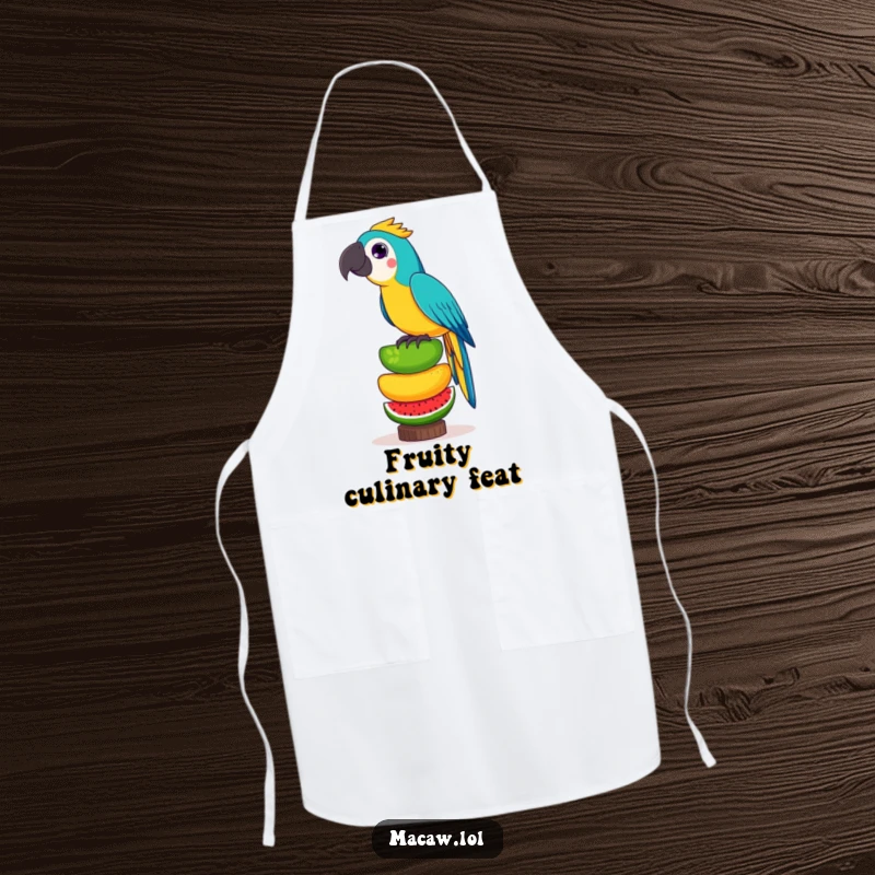 Funny apron showing a playful macaw bird balancing a tower of exotic fruits, ready for kitchen messes with a humorous flair.