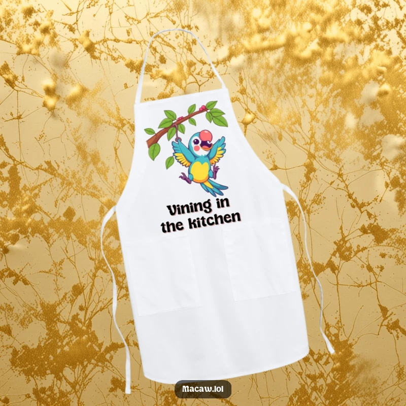 Funny macaw playfully swinging from a vine with excitement, on a kitchen apron, a playful and humorous cooking accessory.