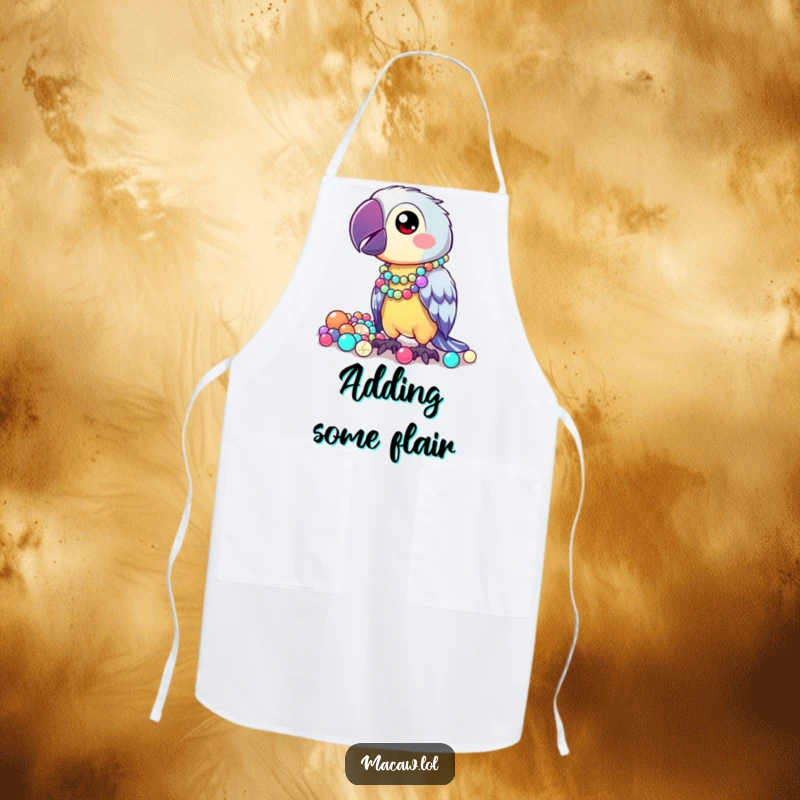 Funny Apron showcasing a kawaii macaw proudly displaying a collection of shiny, mismatched beads, ready for quirky cooking.