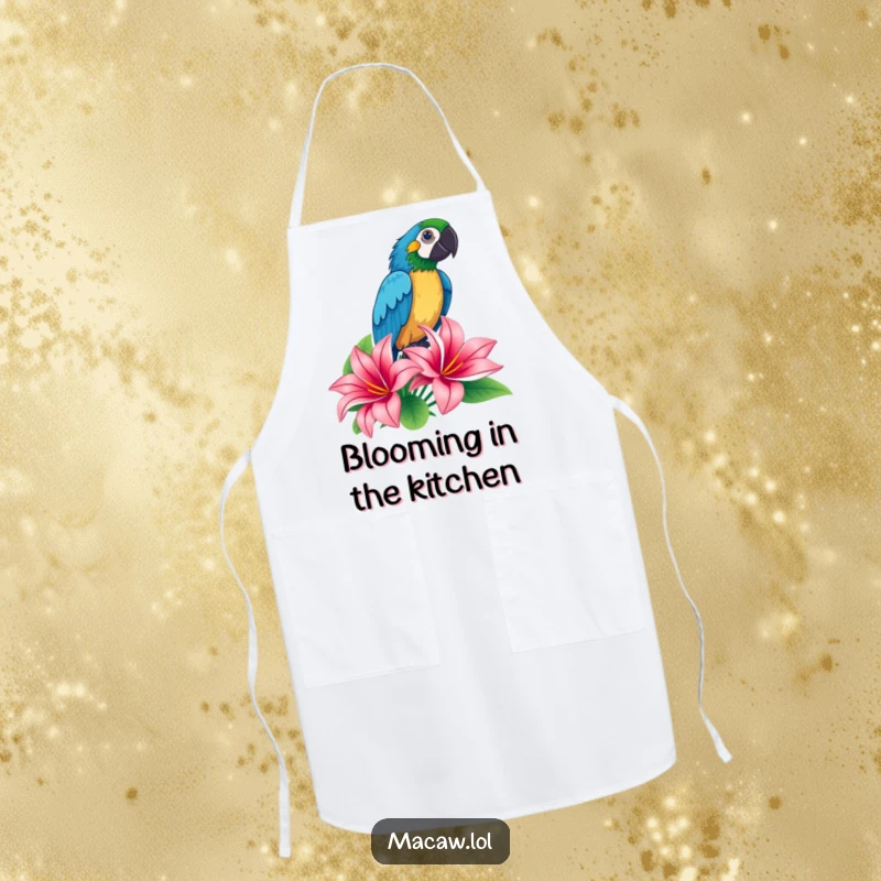 Funny macaw striking a dramatic proud pose atop a tropical flower on an apron, a humorous and practical kitchen accessory.