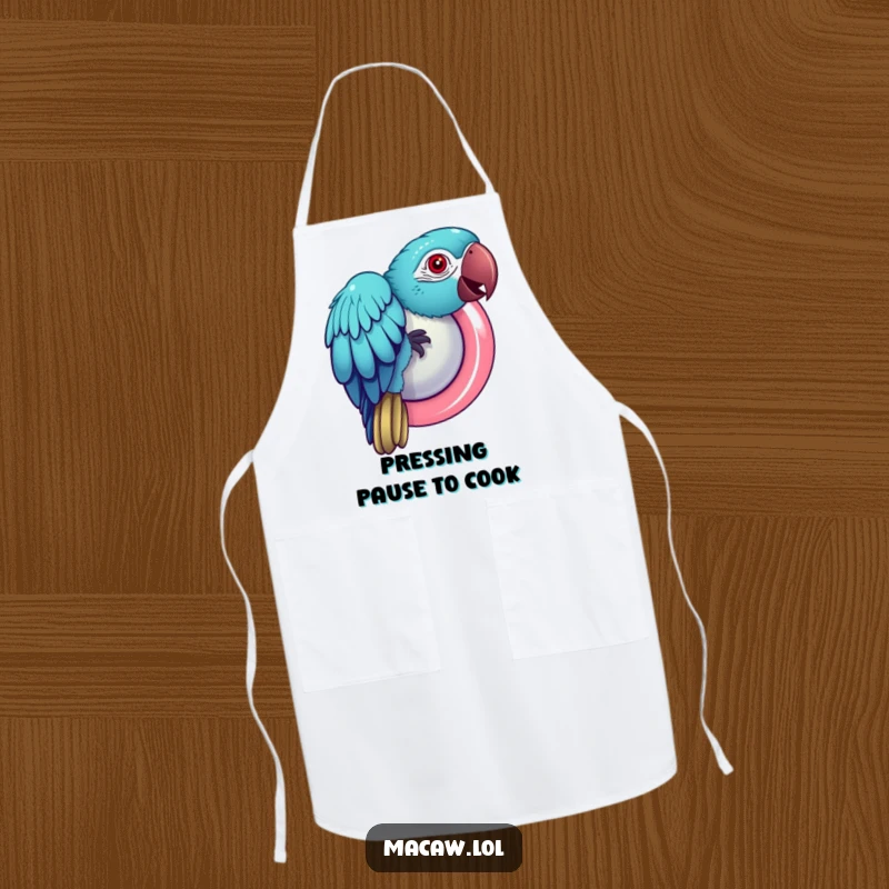 Funny Macaw Apron: Chef's apron with a playful macaw bird pecking at a shiny, giant button.