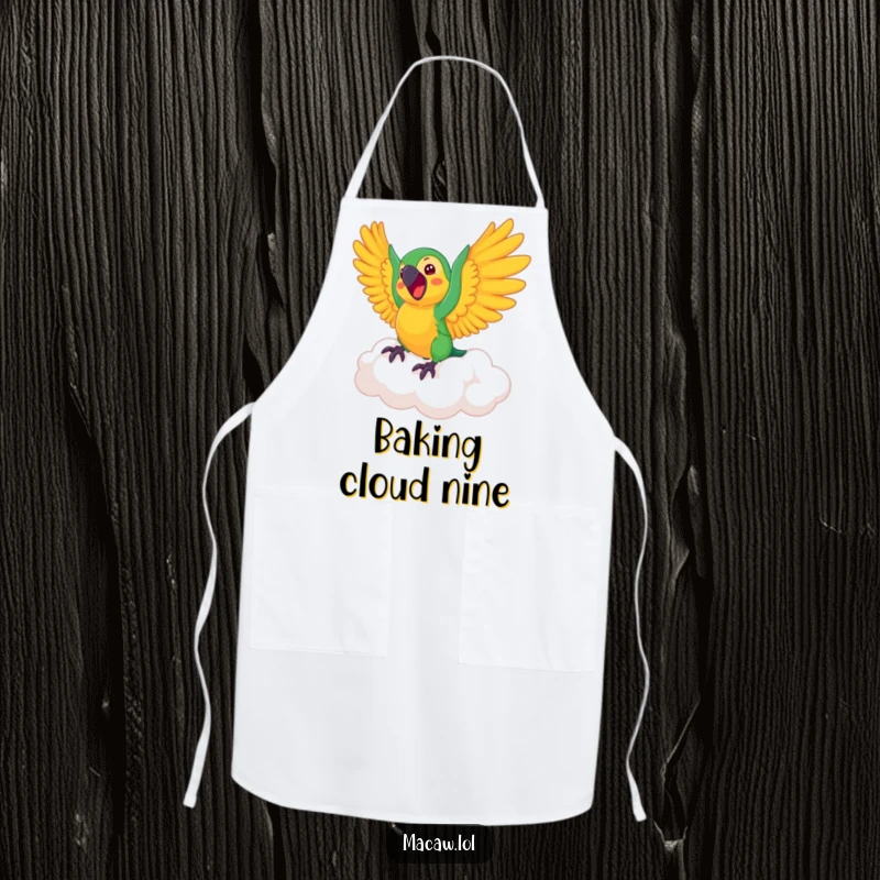 Funny Macaw Apron: Chef's apron with an excited macaw bird flapping wings while riding a bouncing cloud.