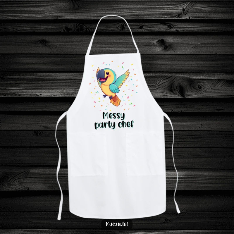 Funny Macaw Apron: A joyful macaw bird with a comically large smile flies through colorful confetti, adding festive humor to cooking.