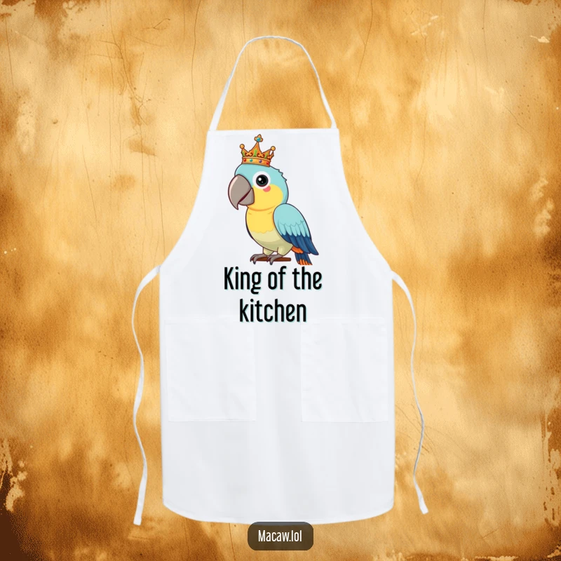 Funny Macaw Apron: A proud macaw bird balances a tiny, ornate crown on its head, adding regal humor to cooking tasks.