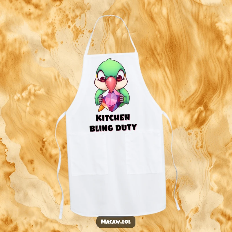 Funny Macaw Apron: A macaw with exaggerated rolling eyes pecks at a giant gemstone, a humorous and practical kitchen accessory.