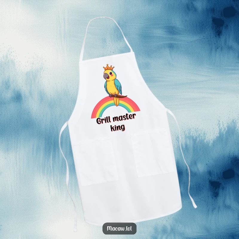 Funny Macaw King Apron showing a cheerful macaw king ruling from a rainbow, ideal for humorous cooking adventures.