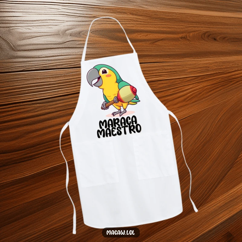 Funny Macaw Apron: A vibrant macaw with a big smile shaking a maraca, bringing tropical rhythm and humor to your kitchen.