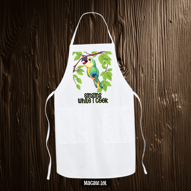 Funny macaw apron showing a delighted bird swinging on a vine and singing loudly, great for cooking.