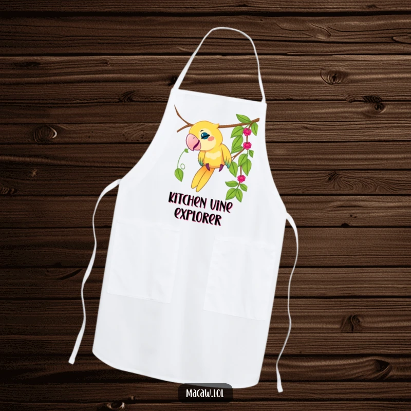 Funny macaw bird apron, playful bird tugging on a dangling vine, jungle theme, humorous kitchen wear, gift.