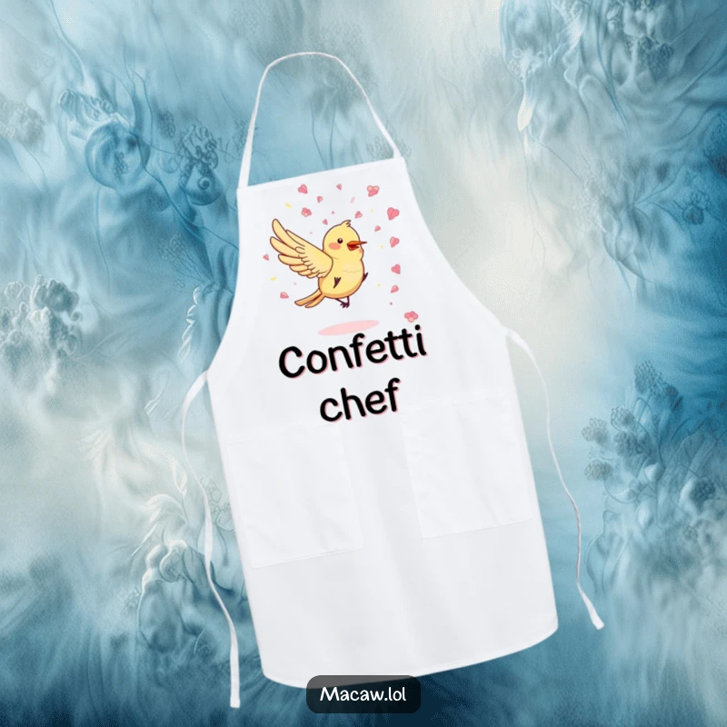 Funny Petal Party Apron showcasing a bird playfully throwing flower petal confetti, ideal for adding humor to cooking.