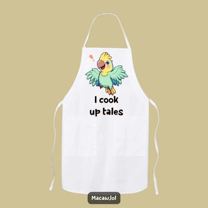 Funny Storyteller Macaw Apron: Cook with flair, a humorous and practical funny gift.