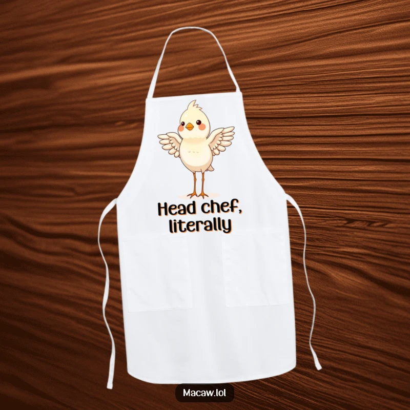 Funny bird in a proud headstand, wings flapping for balance while cooking, a humorous kitchen apron.