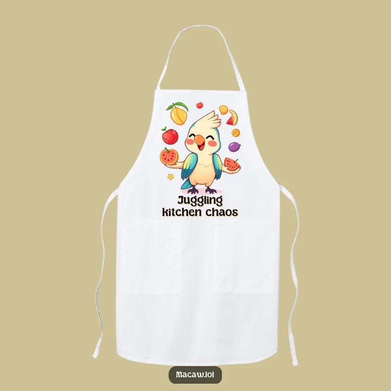 Funny Kawaii Macaw Fruit Juggling Apron: Cook with Fun and Bird's Mischief!