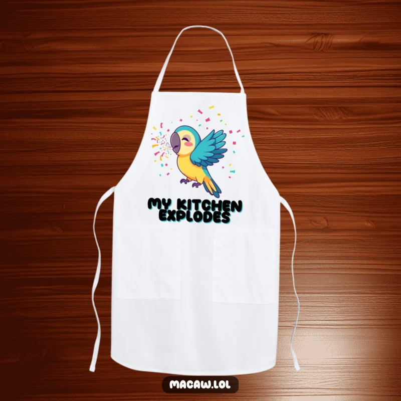 Funny macaw apron designed for chefs, showing a bird joyfully blowing a stream of colorful confetti, perfect for a festive cooking experience.