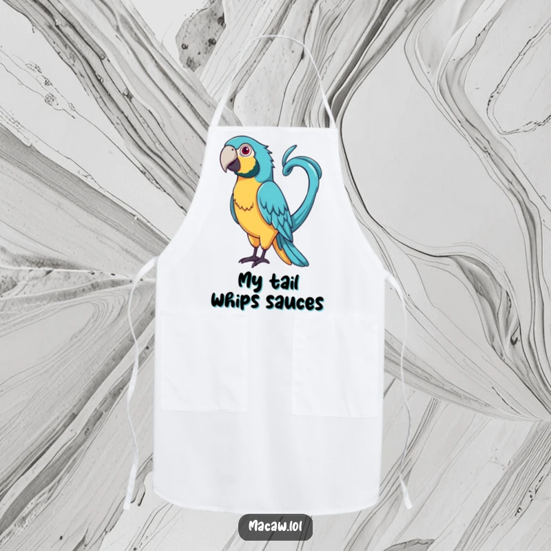 Funny Curly Tail Macaw Apron: A bird with a very long, curly tail playfully whipping it around.