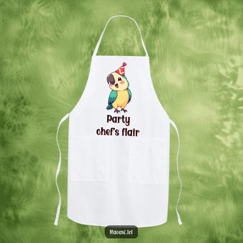 Funny apron with a festive macaw wearing a tiny hat, bobbing its head joyfully, a humorous and celebratory kitchen accessory, great for a funny gift.