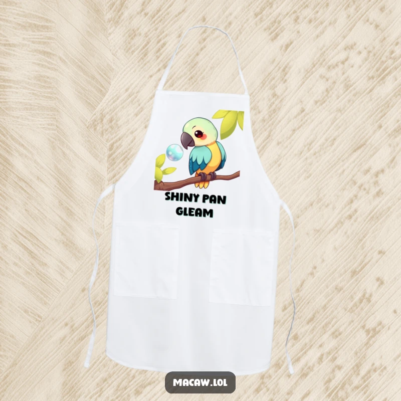 Funny kawaii macaw apron, showing a bird on a branch looking at a shiny object, adding curious humor to the kitchen, a funny gift.