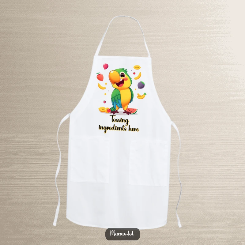Funny Apron showcasing a smiling macaw artistically juggling a variety of colorful fruits, ready for kitchen fun.