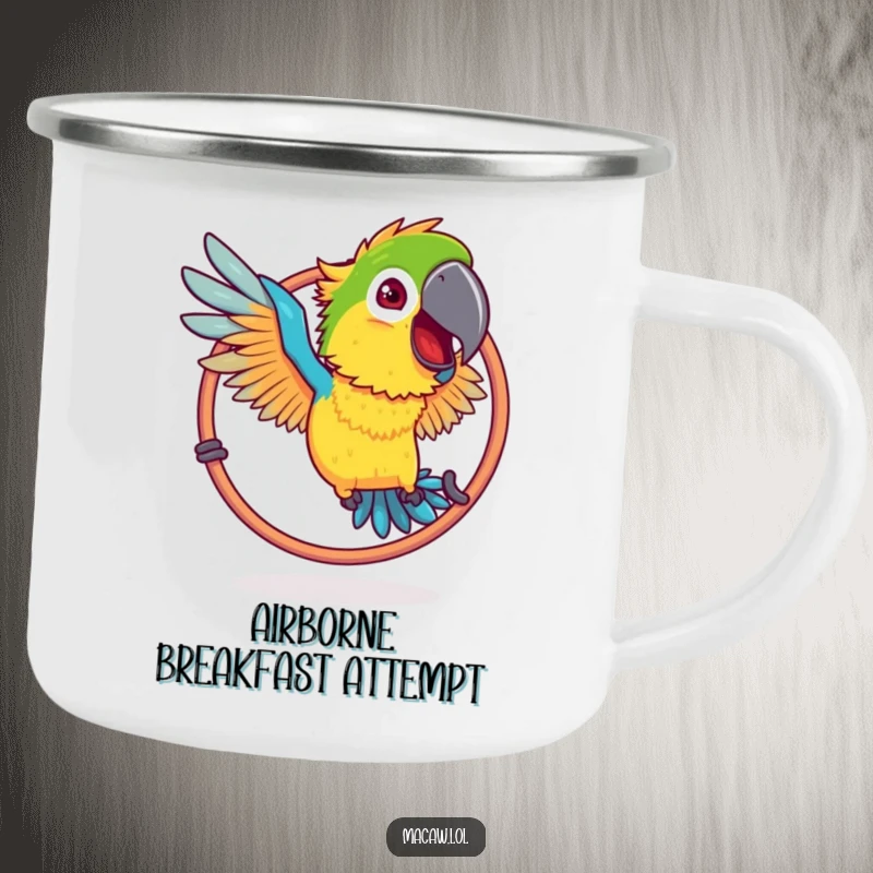 Funny Ruffled Macaw Hoop Camping Mug: A bird with ruffled feathers humorously attempting to fly through a hoop.