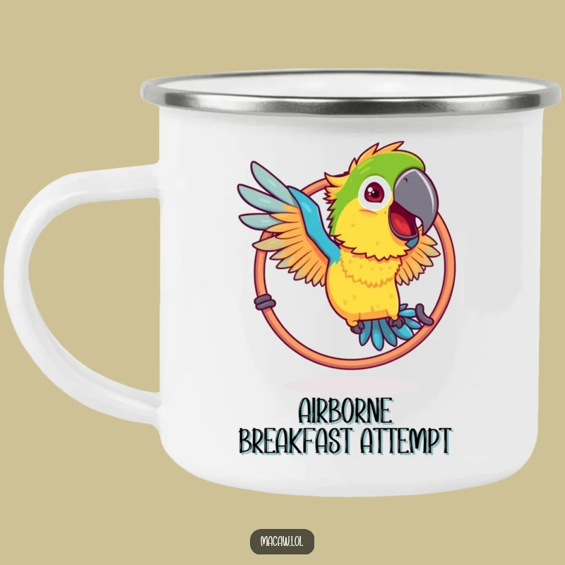 Funny Ruffled Macaw Hoop Camping Mug: Adventure Humor for Your Travels