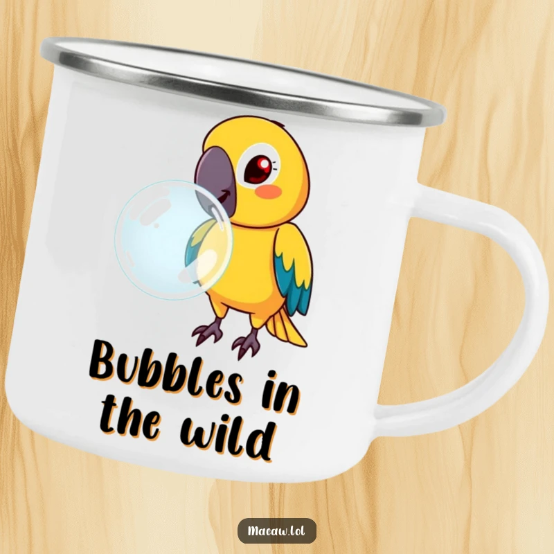 Funny macaw with a determined face, blowing a large bubble, on an enamel camping mug, for humorous outdoor challenges.