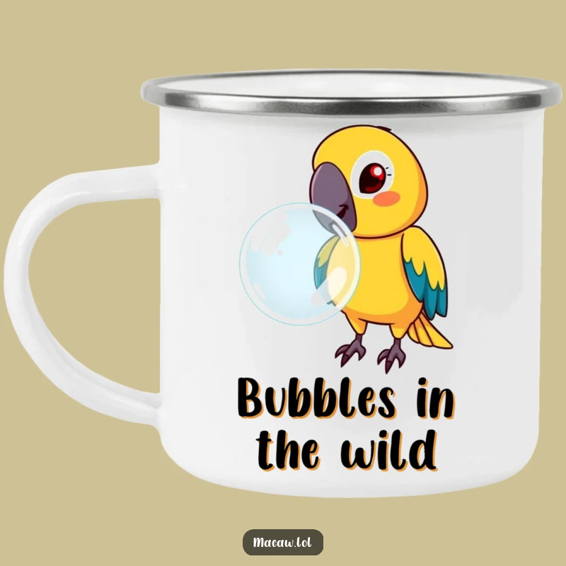 Funny Determined Macaw Bubble Enamel Camping Mug - Rugged Humorous Outdoor Gift