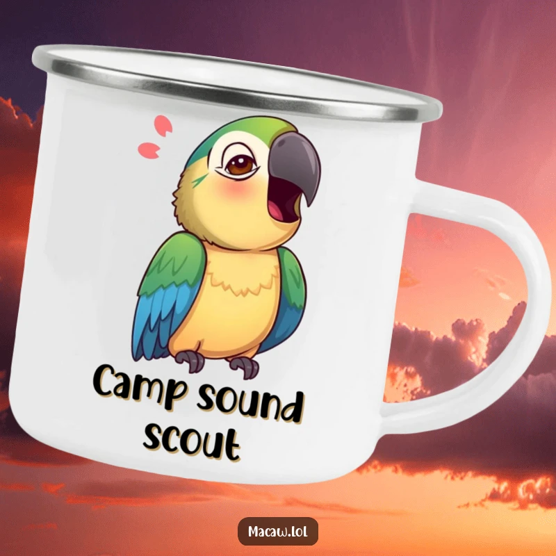 Funny Macaw Camping Mug showing a curious macaw tilting its head, mimicking a sound.