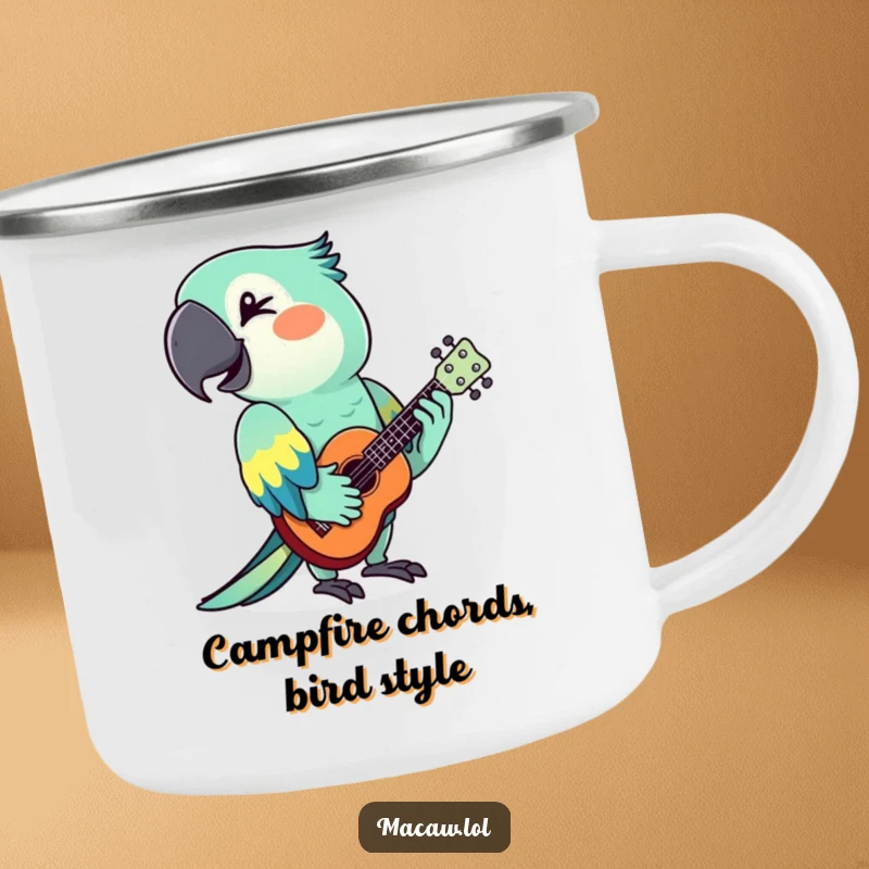 Funny macaw playing a tiny ukulele with a wink, designed for outdoor adventures on a durable mug.
