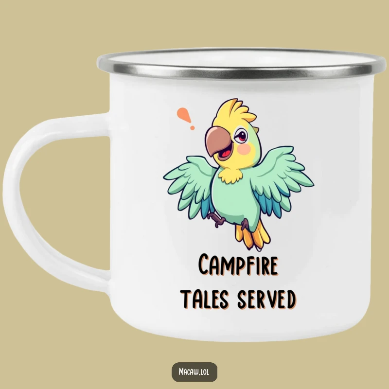 Funny Storyteller Macaw Camping Mug: Share tales outdoors, a unique funny gift.