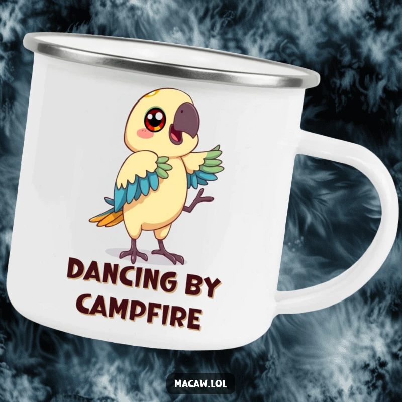 Funny macaw camping mug showing a happy-eyed bird mimicking a funny dance move, great for outdoor use.