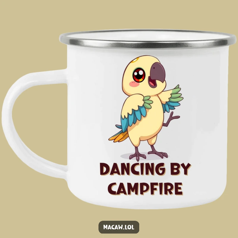 Funny Macaw Dancing Campfire Mug - Happy Bird Gift, Outdoor Grooves