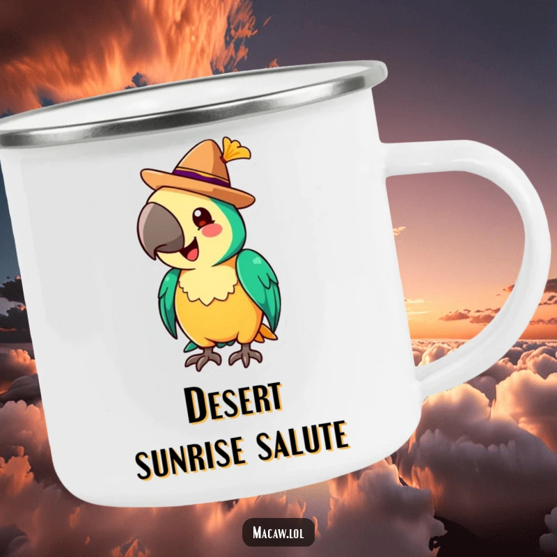 Funny Camping Mug featuring a cheerful macaw tipping a tiny sombrero with a flourish, ready for any outdoor fiesta.