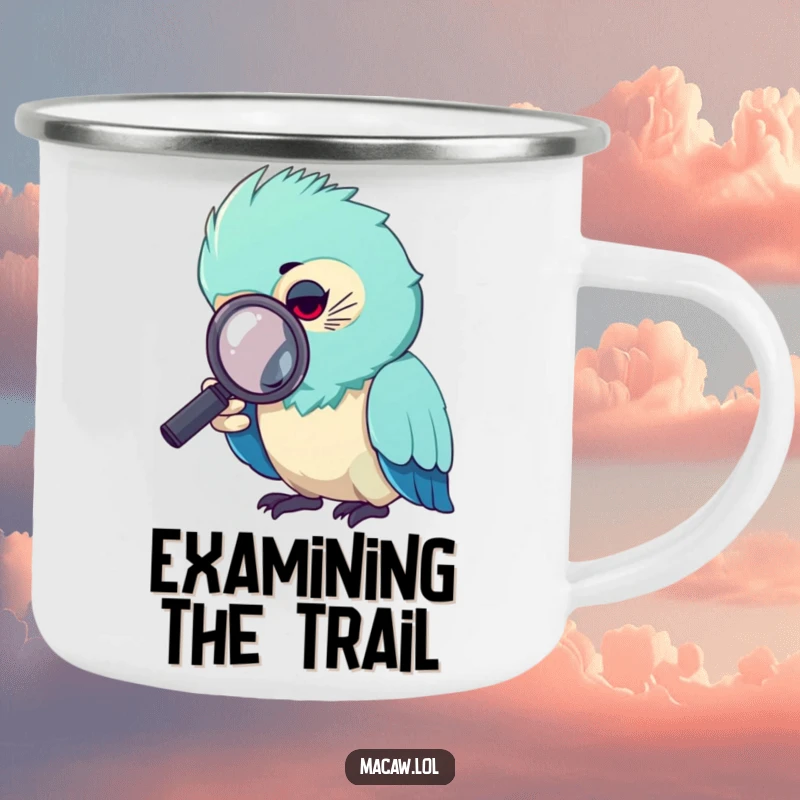 Funny macaw camping mug, a curious macaw bird holding a magnifying glass, looking at a leaf.