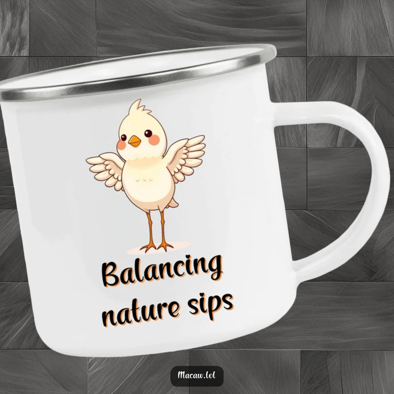 Funny bird balancing on its head with wings out, a humorous and sturdy camping mug.
