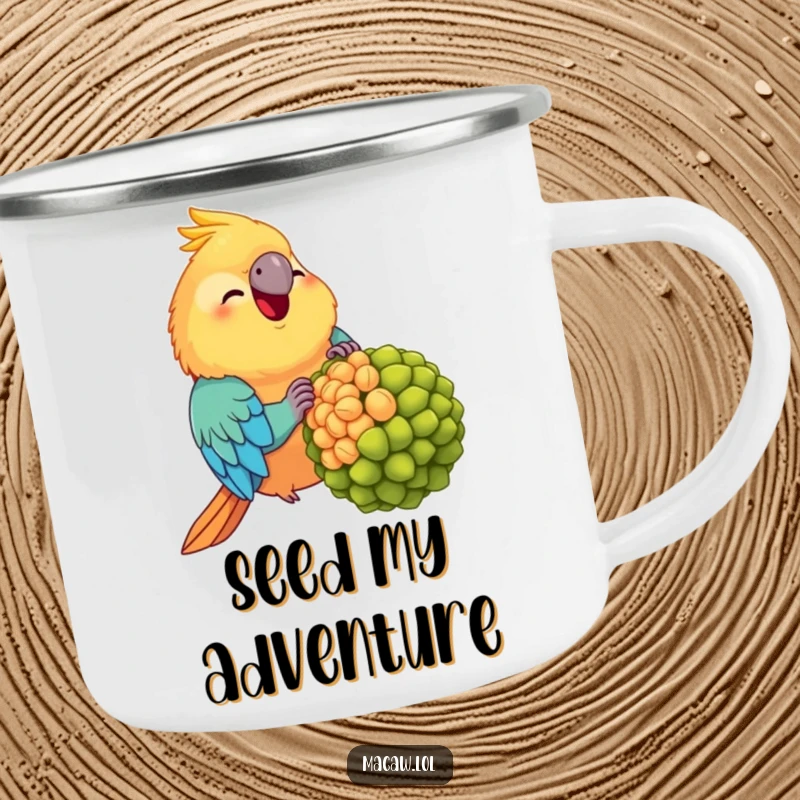 Funny Chubby Macaw Camping Mug: A plump, happy macaw relishing a giant seed, perfect for funny outdoor sips.