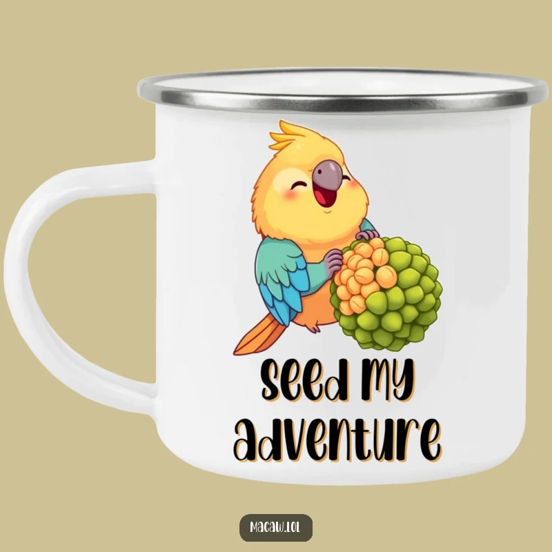 Funny Chubby Macaw Camping Mug: Enjoy Coffee with a Happy Bird and Giant Seed!