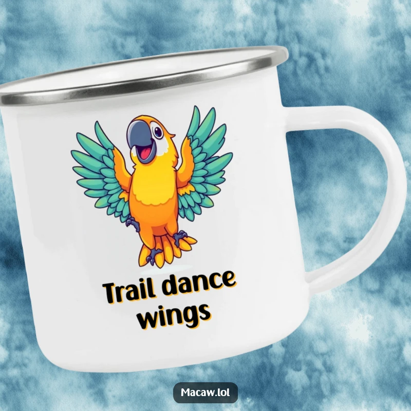 Durable camping mug featuring a vibrant macaw with a wide grin dancing with outstretched wings, perfect for outdoor fun.