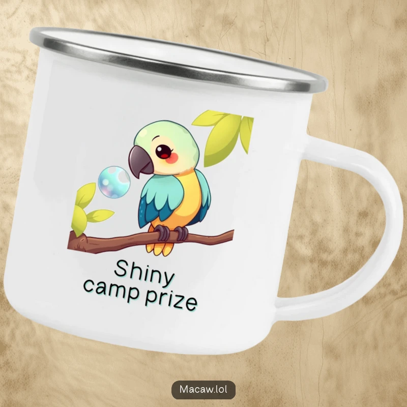 Funny kawaii macaw camping mug, featuring a bird on a branch eyeing a shiny object, ready for outdoor curiosity and humor, a fantastic funny gift.