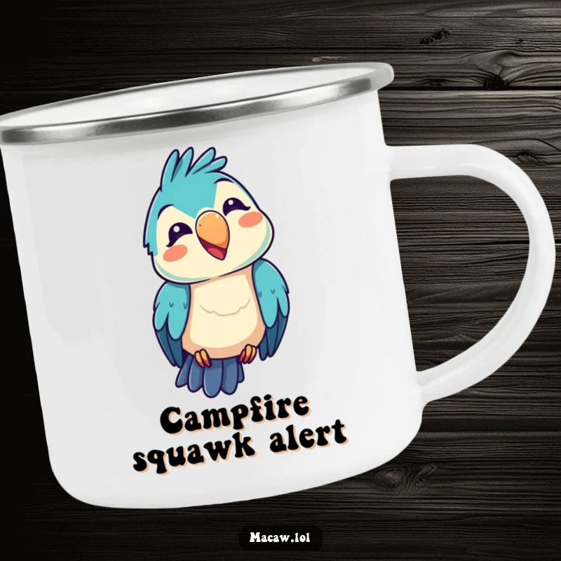 Funny kawaii macaw camping mug, featuring a bird with a funny squawk expression, ready for outdoor silliness and humor, a fantastic funny gift.