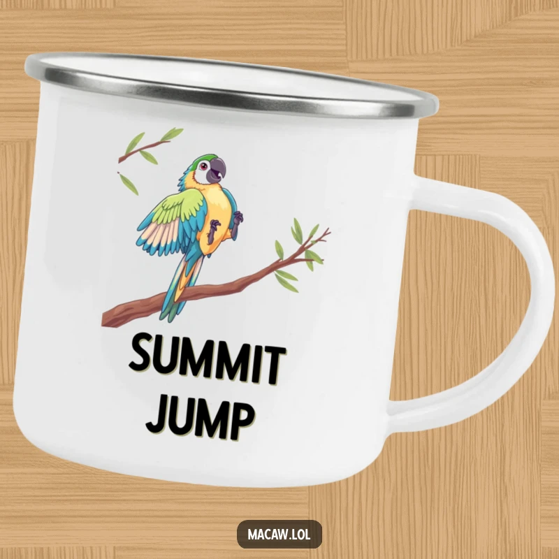Funny Macaw Camping Mug: A macaw performs a dramatic leap between perches, bringing adventurous humor to your outdoor excursions.