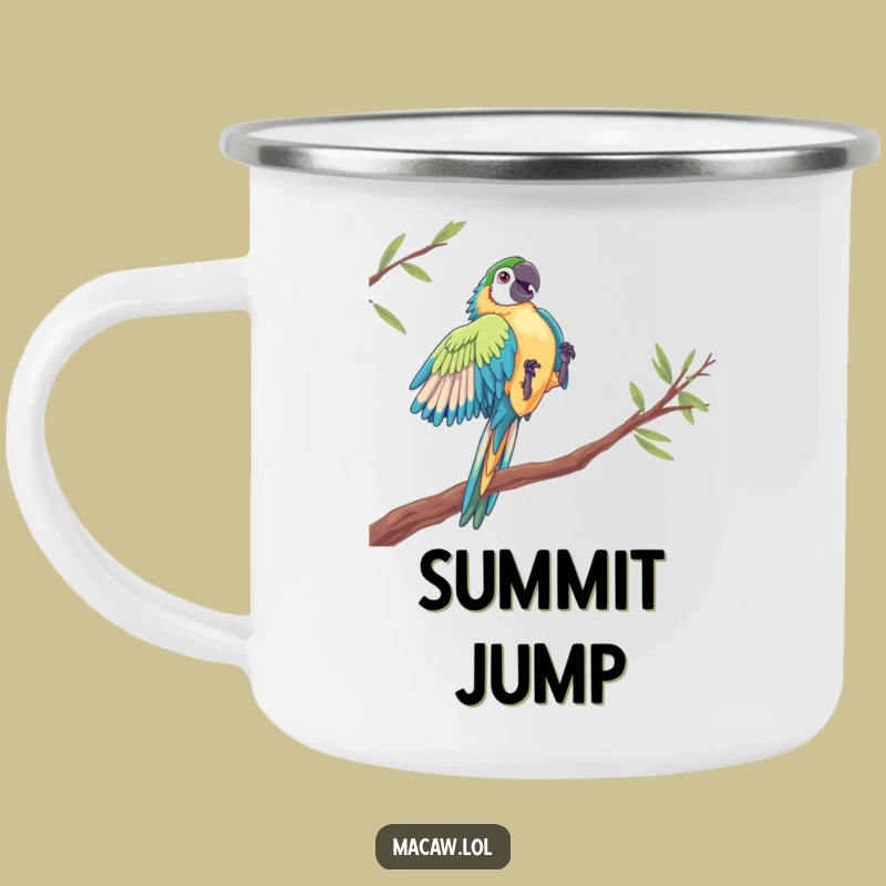 Funny Macaw Acrobat Camping Mug - Dramatic Bird Leap Adventure Gift