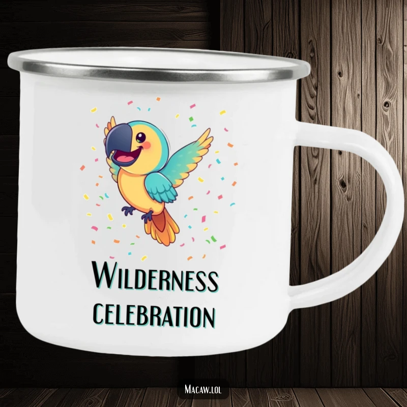Funny Macaw Camping Mug: A joyful macaw bird with a comically large smile flies through colorful confetti, ideal for festive outdoor enjoyment.