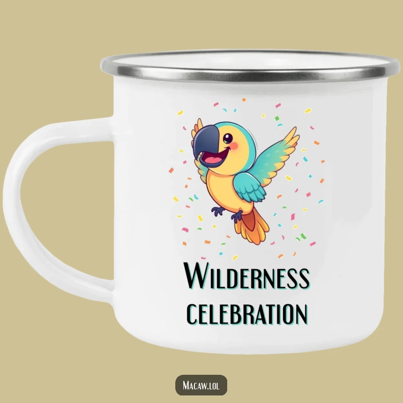 Funny Macaw Confetti Camping Mug: Festive Outdoor Cup, Joyful Adventure Gift