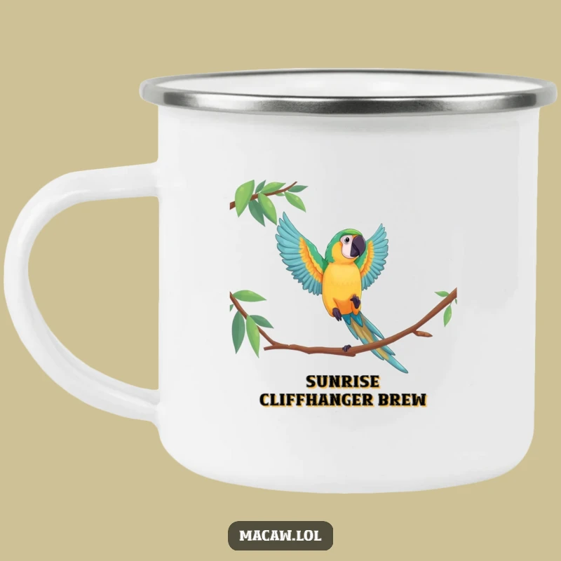 Funny Macaw Leap Camping Mug, Rugged Bird Acrobatics Cup, Adventure Funny Gift for Outdoors
