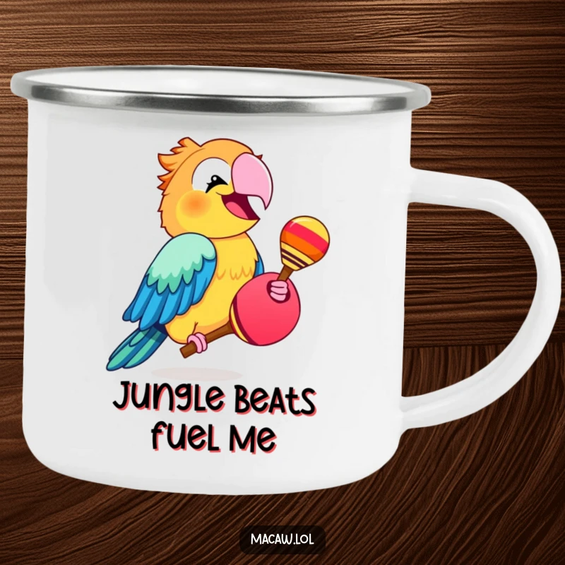 Funny macaw bird shaking a maraca with enthusiasm, a humorous and sturdy camping mug.